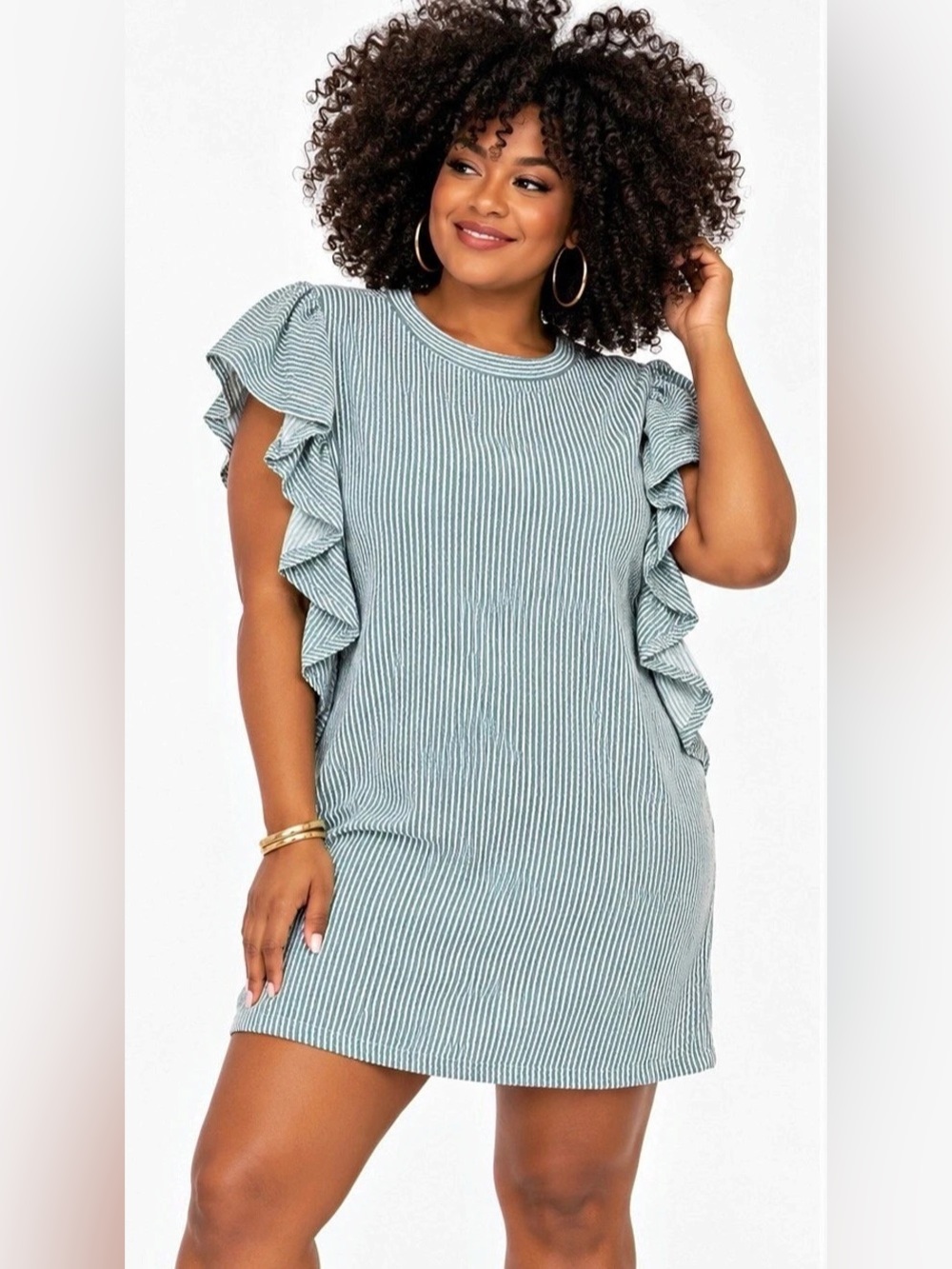 Ribbed Ruffle Sleeve Mini Dress in Teal & White - Boutique NEW